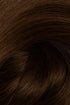 A close-up texture shot of dark brown hair with subtle warm brown highlights, showing the fine hair strands and glossy sheen. (Dark Brown / 