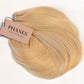 A bundle of blonde hair extensions with a pink tag reading PHANES HAIR EXTENSIONS, laid on a white background. (Warm Blonde / #22)