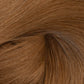 A close-up texture shot of straight, medium brown hair with a soft swirl pattern, showing the color and fiber detail. (Light Brown / #6)