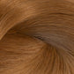 A close-up texture shot of a hair color swatch, showing fine strands of light brown hair with warm golden and caramel undertones arranged in a soft swirl. (Caramel / #8)