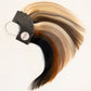 A hair color swatch fan showing multiple blended hair color options, including black, brown, blonde, and copper tones, on a plain white background.